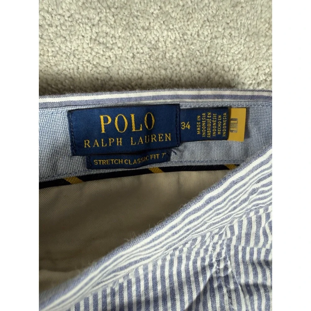 Polo Ralph Lauren Chino Shorts Mens 35 Blue Seersucker Blend Stretch Classic Fit